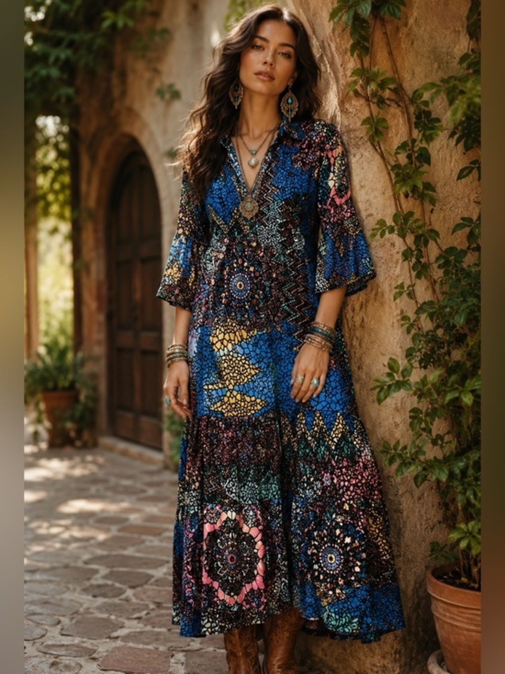Johnny Was Nash Burnout Midi Dress Stained Glass Print NWT Silk Blend XS $445